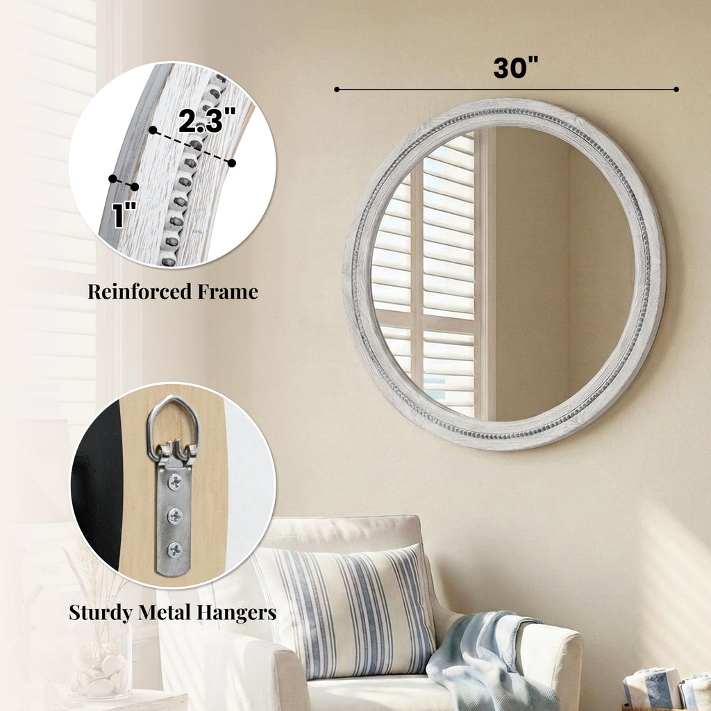 Solid Wood 30 Inch Round Beaded Bathroom Mirror, Distressed White
