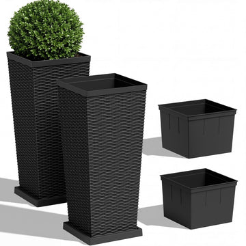 30" Front Porch Resin Rattan Tall Planters 2 Pack, Inner Tray