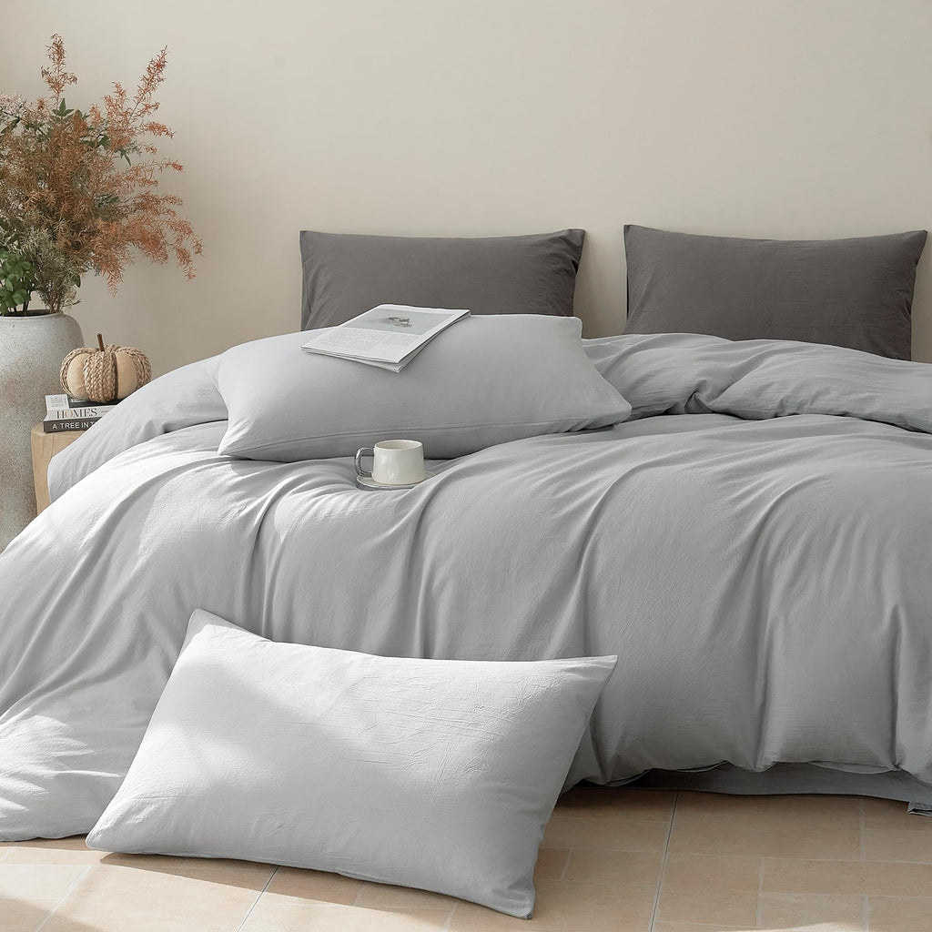 100% Cotton Duvet Cover Set, Washed Linen-Like Texture