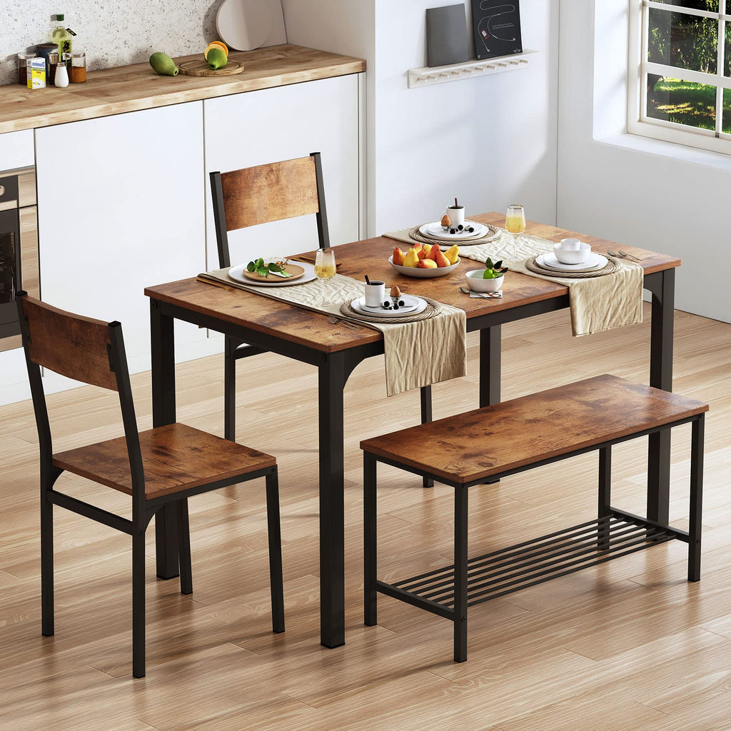 Dining Table Set, Two Chairs and One Bench 4 Pieces Set Wooden Table Top with Metal Legs for Breakfast Room, Dining