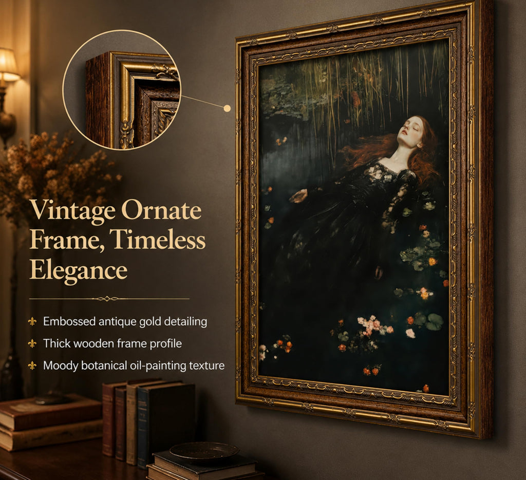 Vintage Gold Framed Ophelia Wall Art, Victorian Gothic Oil Painting Canvas Print, Classic Dark Academia Aesthetic Wall