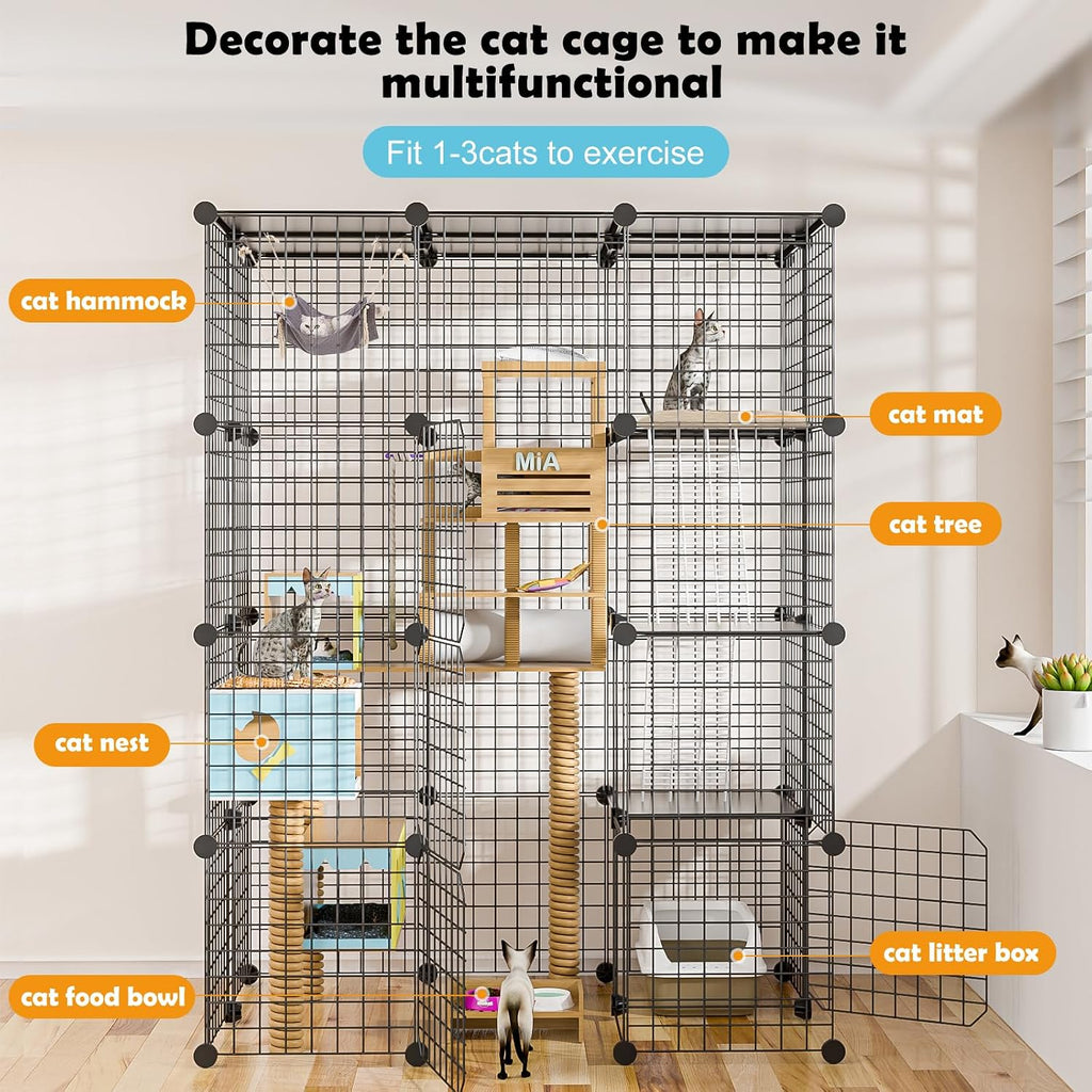 Cat Large Enclosure - DIY Catio Ideal for 1-3 Cats, Indoor & Outdoor, Detachable Metal Wire Kennel, 2x3x4 Exercise