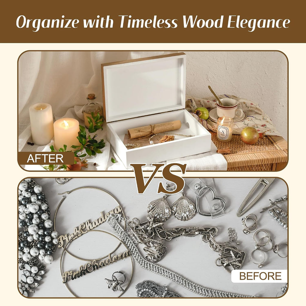 Wooden Keepsake Box - Decorative Wood Boxes with Hinged Lid, Butterfly Engraved Design, 10.24" W