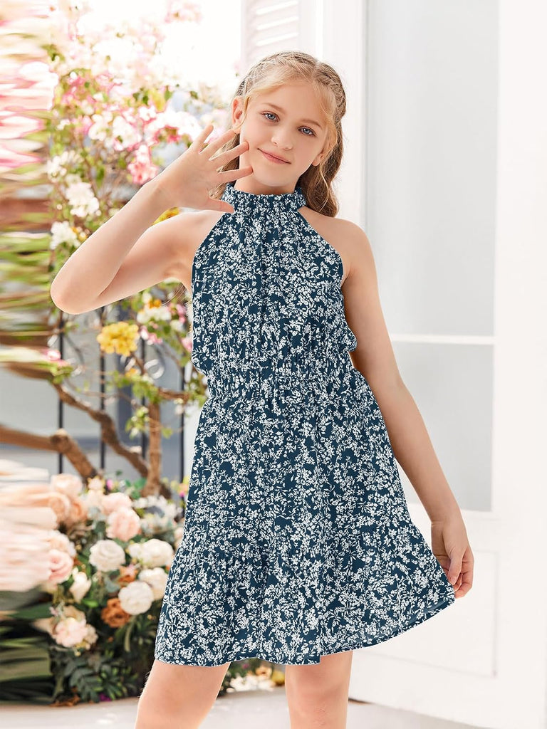Floral Dresses Kids Summer Casual Halter Sleeveless Dresses