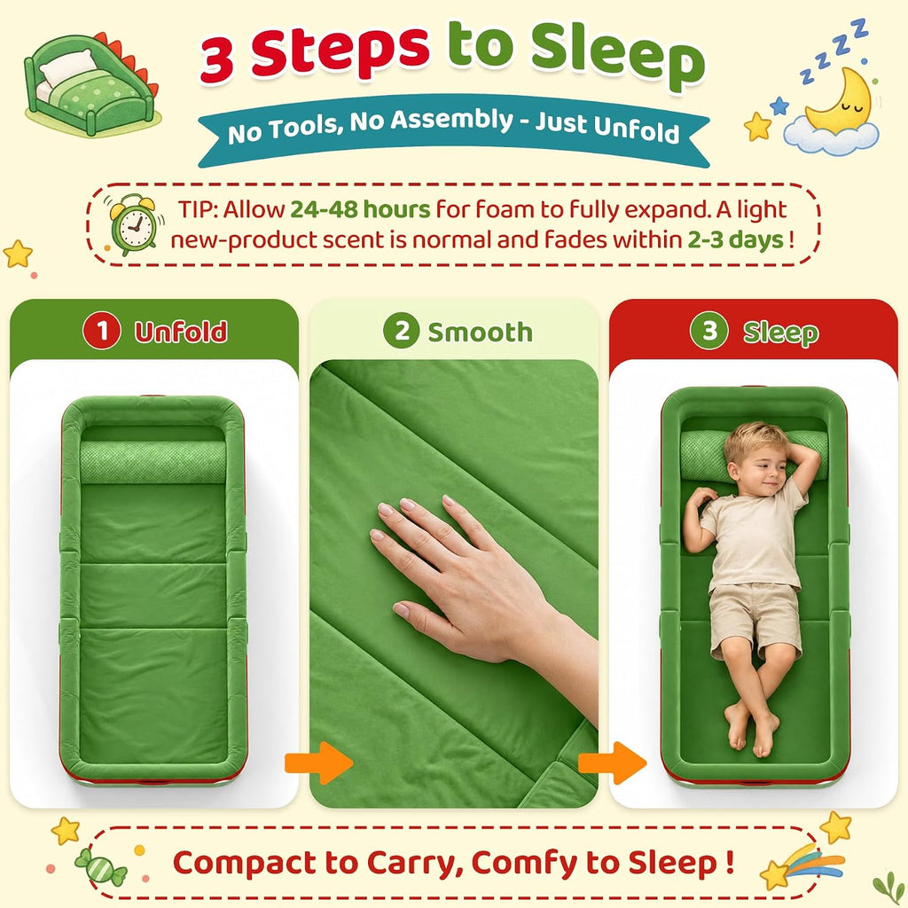 Toddler Travel Bed, Foldable Foam Floor Bed/Safety Rails, Dinosaur