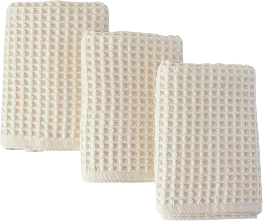 Natural 100% Turkish Cotton Waffle Kitchen and Hand Towels, 3-Piece | Raw-Undyed 32x16" Large Soft Absorbent