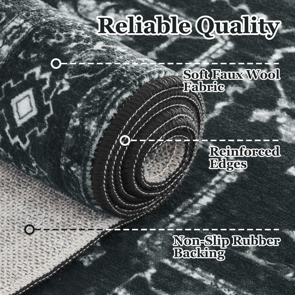 Black White Small Round Washable Rug 4ft Entryway, Kitchen Bathroom Thin Circle Rug 4 Feet Non Slip, Contemporary