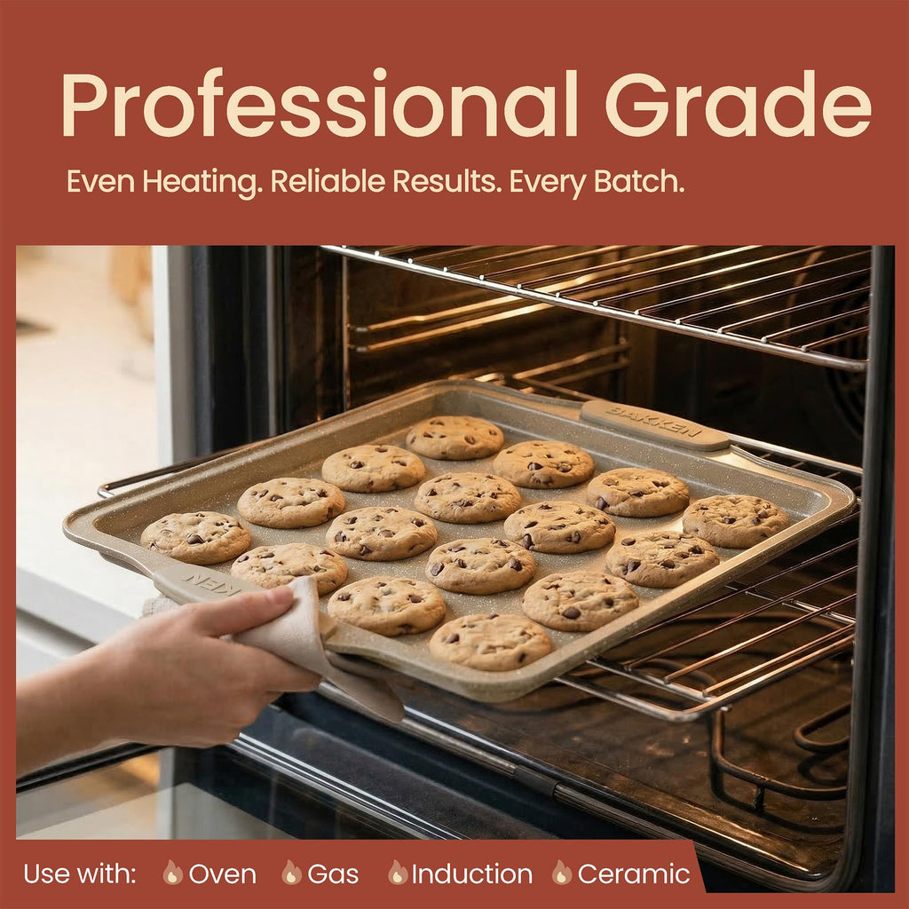 Kitchen Oven Baking Pans - Nonstick Gray Coating, Carbon Steel Bakeware Set with White Silicone Handles, Commercial