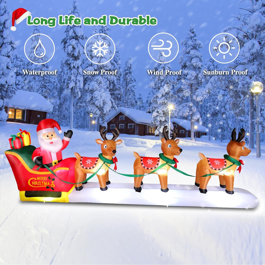 12 FT Long Christmas Inflatables Santa Claus with Reindeers Outdoor Decorations, Xmas Blow Up Yard Decorations with