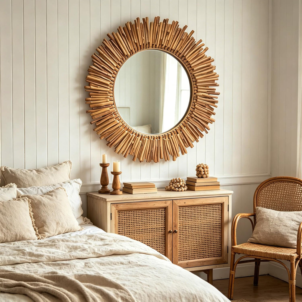 24 Inch Round Wall Mirror, Bohemian Sunburst Wall Mirror with Natural Wooden Stick Frame, Rustic Farmhouse Circle