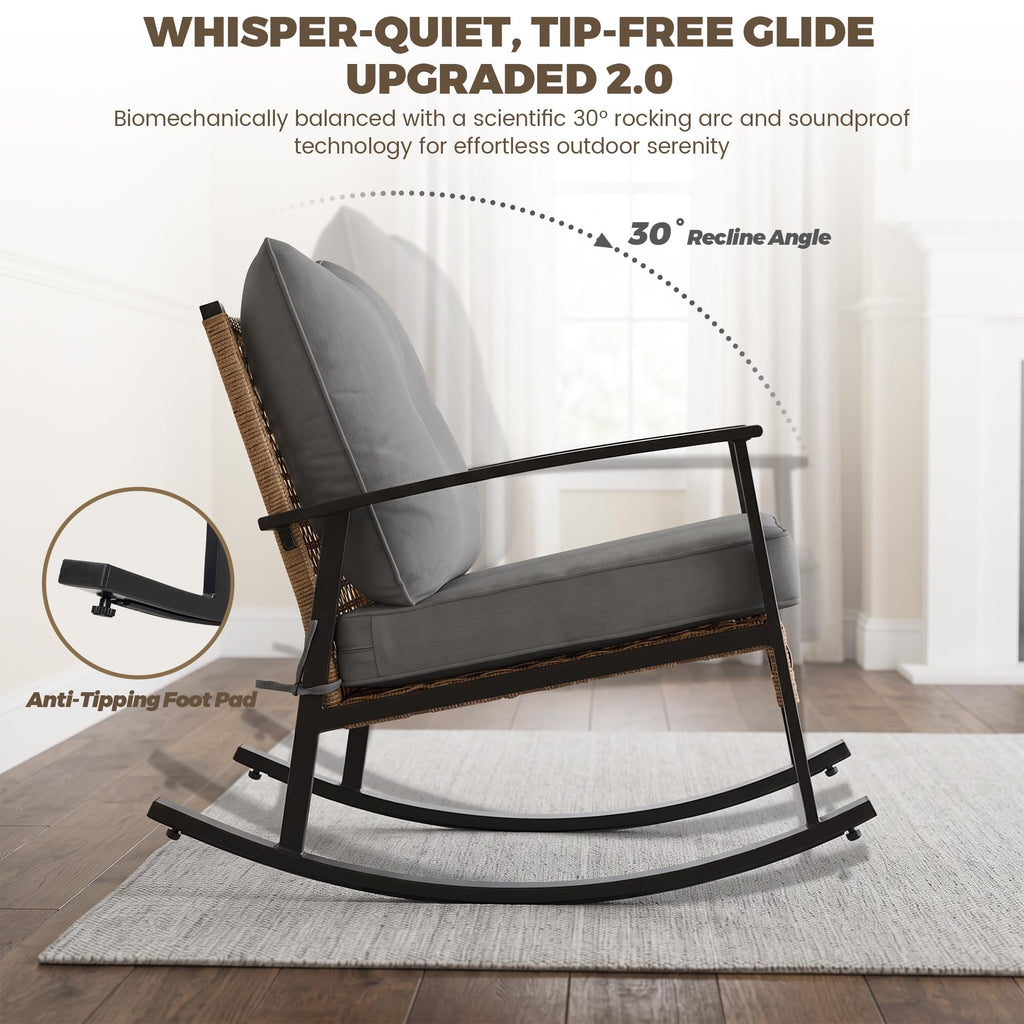 3-Piece Patio Rocking Chairs Set of 2, Rocking Chair Bistro Set [Upgraded 2.0] & 2-Tier Coffee Table, Wicker Rocking