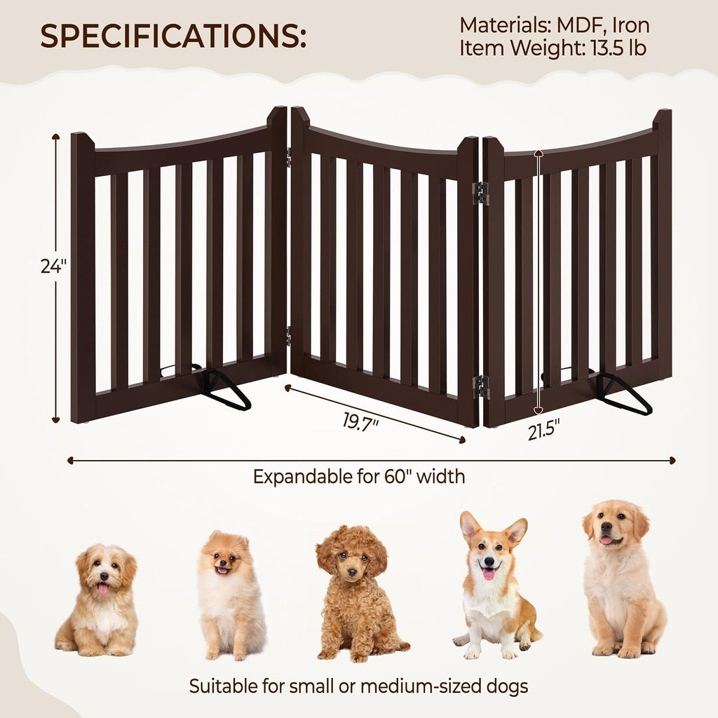 Freestanding Wooden Dog Gate, 3-Panel 24in H Pet Barrier Espresso