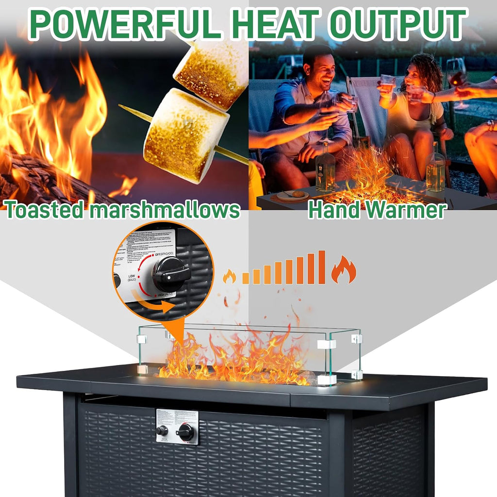 Fire Pit Table, 43" 50,000 BTU Rectangle Metal Propane Fire Table with Lid, Lava Rocks