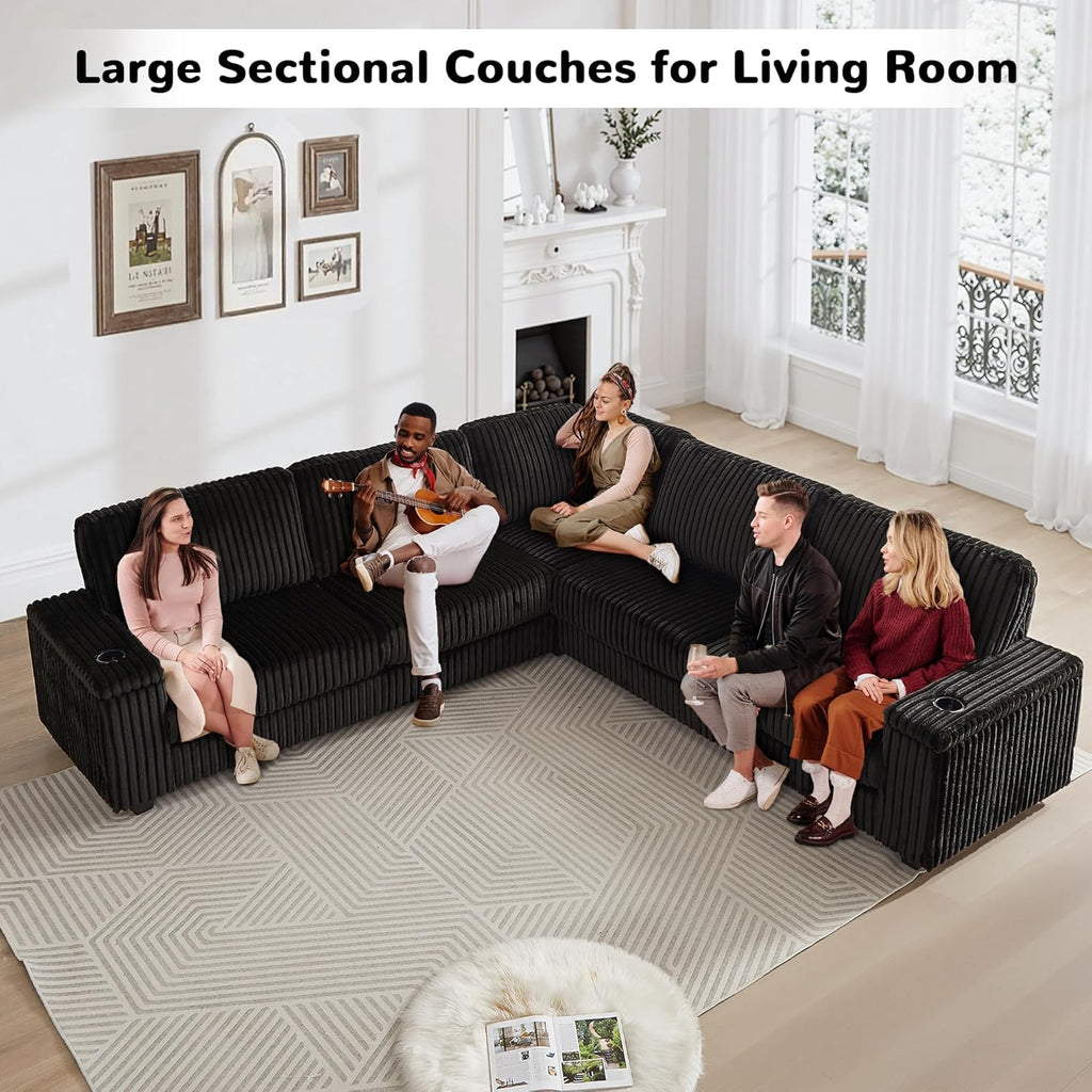 Black Sectional Couches for Living Room, Oversized Corduroy Couch, Sectional Corner Sofa with Cup Holders & USB