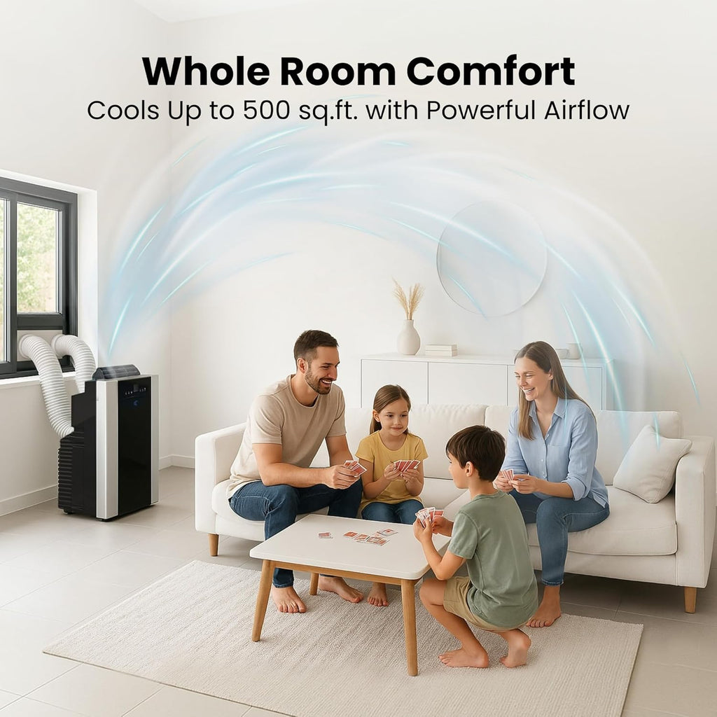 Portable Air Conditioner 14,000 BTU & Heater with Dual Hose Dehumidifier & Cooling Fan for 500 Sq Ft Rooms