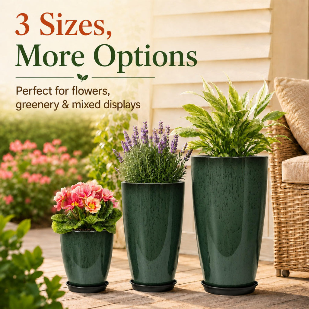 Set of 3 Tall Planter, 24/21/12in Large Plastic Planter, DarkGreen