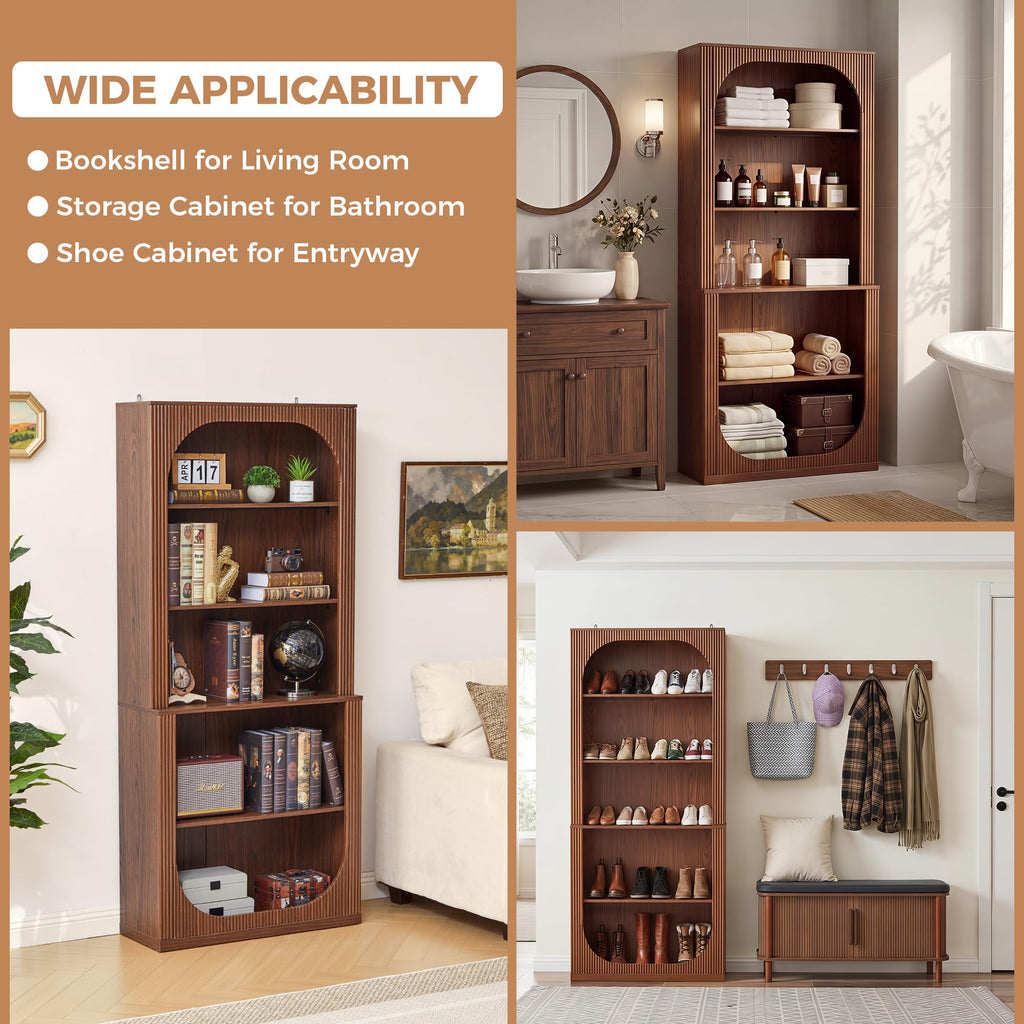 71" Tall Arched Bookcase, 5 Tier Fluted Wood Arched Bookshelf