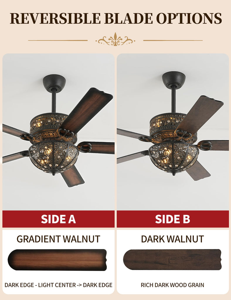 60 Inch Victorian Chandelier Ceiling Fan with Light, Aged Bronze Fandelier