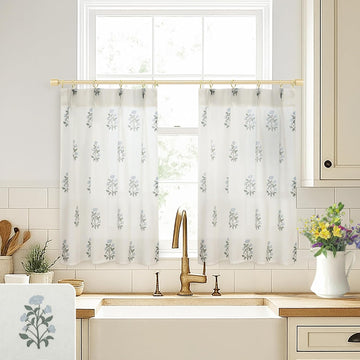 Cafe Curtains,Pinch Pleated Small Window Curtains Over Sink,Farmhouse Linen Sheer Blue and Green Floral Vintage Block