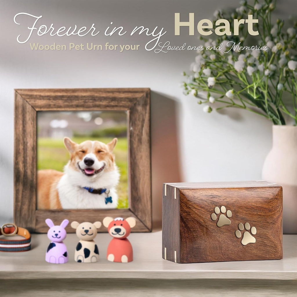 Wood Pet Urn for Dog Ashes, Extra Small 10 Cu in to 10 lb, Two Paws