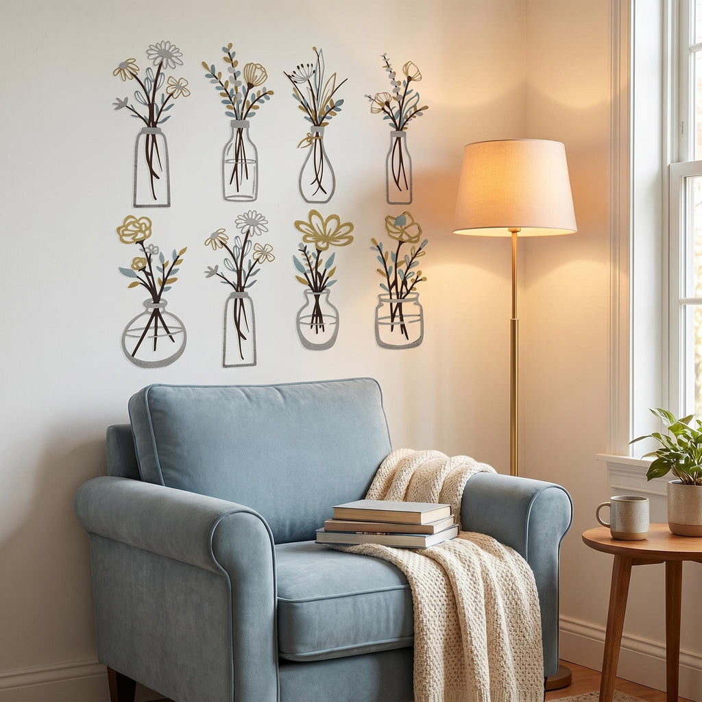 6Pcs Gold Blue Metal Flower Vase Wall Art Botanical Farmhouse Decor