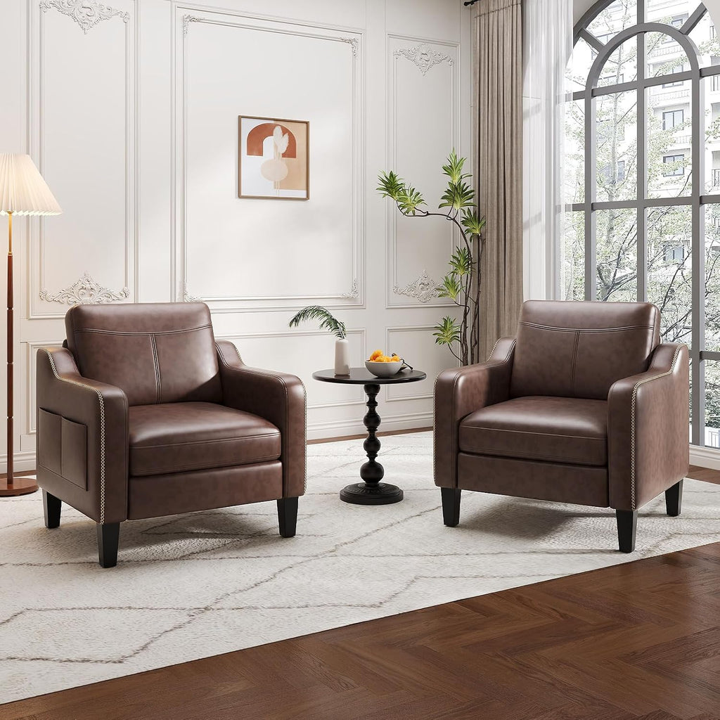 PU Leather Accent Chair, Mid-Century Modern Living Room Armchair Sofa with Removable Cushions & Stitched - Set of 2