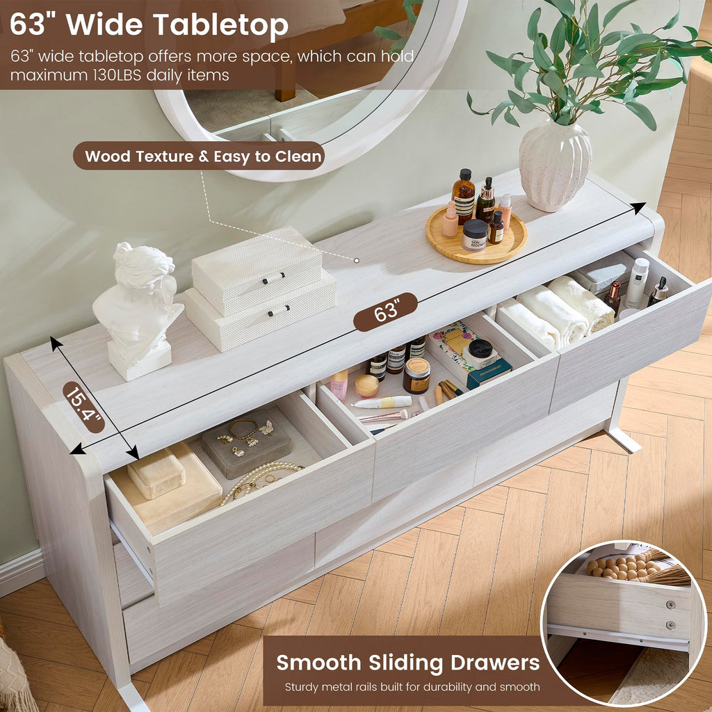 63" Wide Large with 9 Drawers, White, Mid Century Modern & Chest of Drawers, Rounded Corner, Wood Storage Organizer