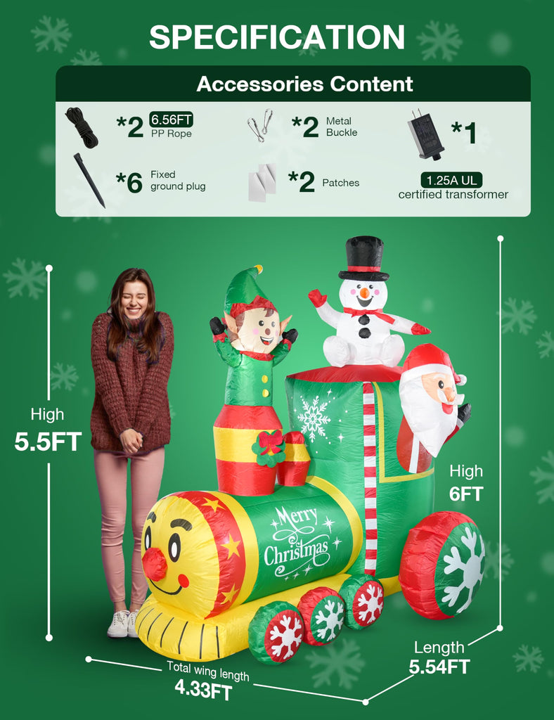6FT Train Inflatable Christmas Decorations Outdoor with LED Lights, Inflatable Santa Claus Train with Elf and
