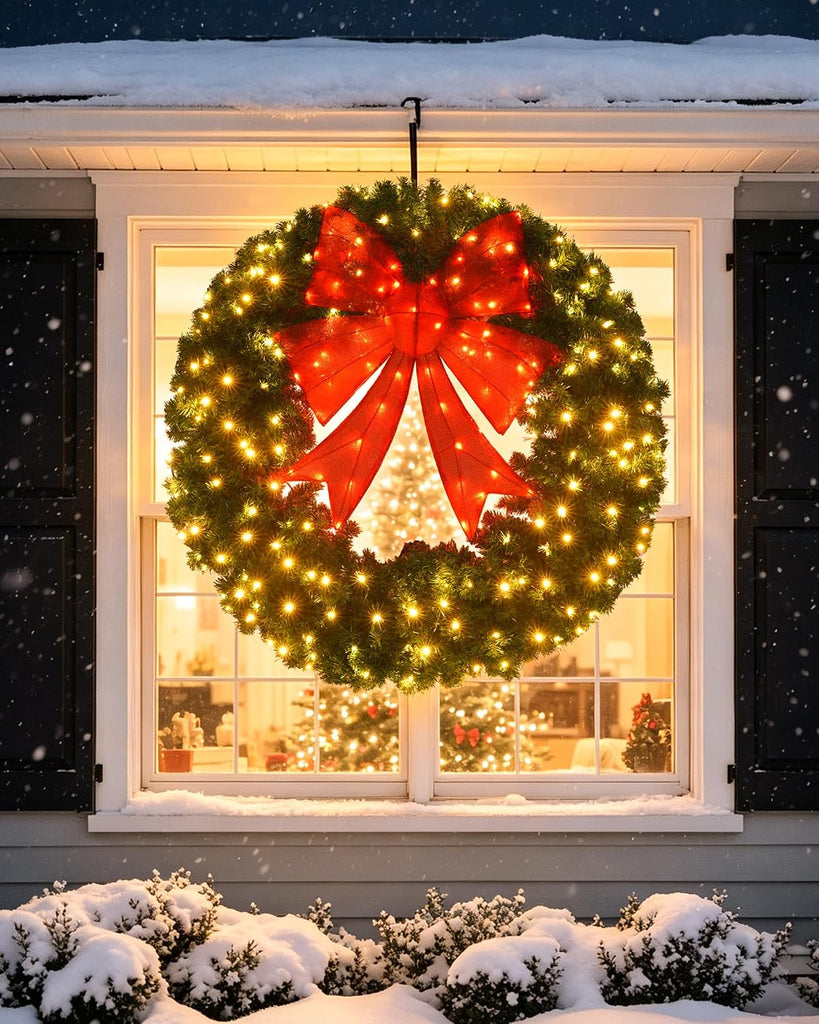 48In Pre-lit Artificial Christmas Wreath Holiday Decoration with 3D Red Bow