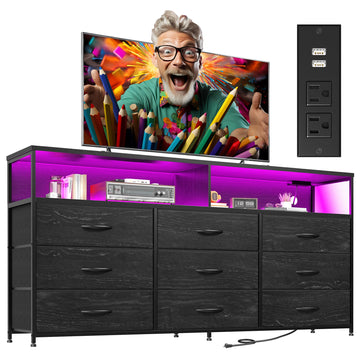 55" W Dresser with Charging Station & LED Light, Black