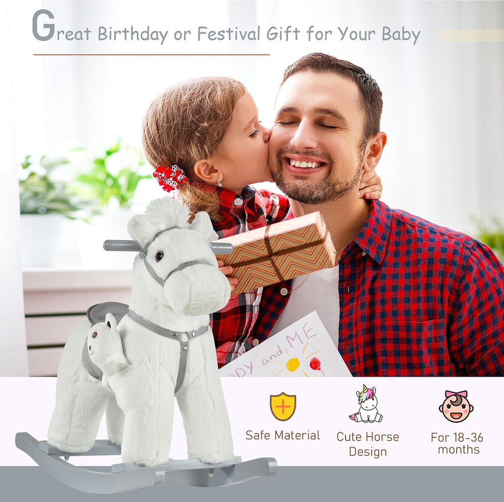 Kids Rocking Horse with Bear Toy Plush for Toddler 18-36 Months White