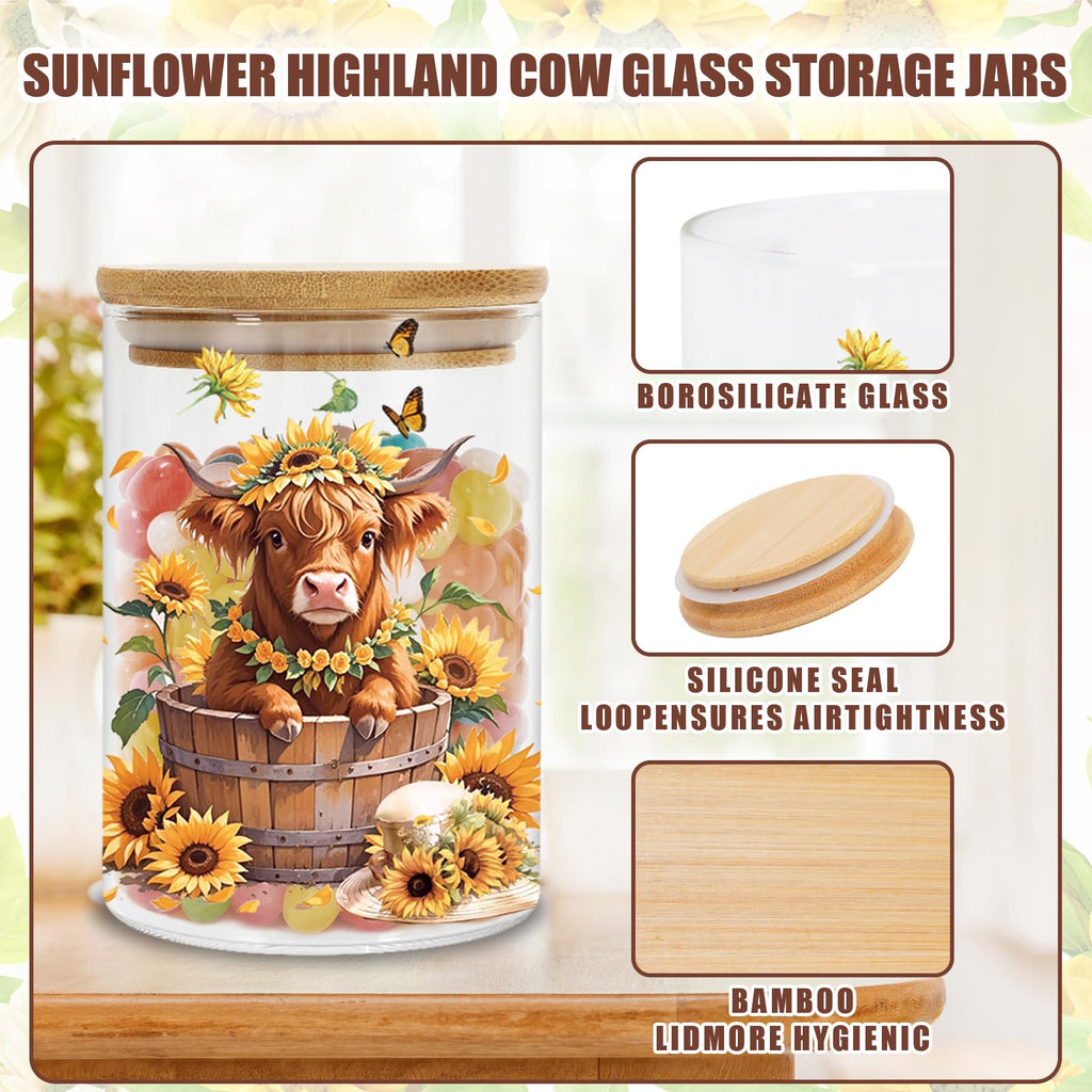 5 Pack Highland Cow Sunflower Glass Storage Jars with Airtight Lid Watercolor Cattle Floral Decorative Canisters Sets