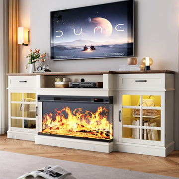 80" Fireplace TV Stand with 3-Sided Glass Fireplace, Modern Wood Entertainment Center with LED Lights and Glass Door