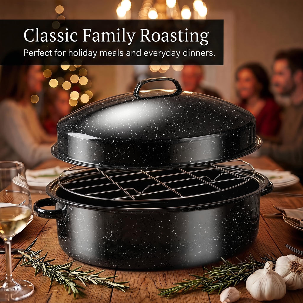 19.3" Enamel Roasting Pan with Lid & Rack Oval Turkey Roaster Pan