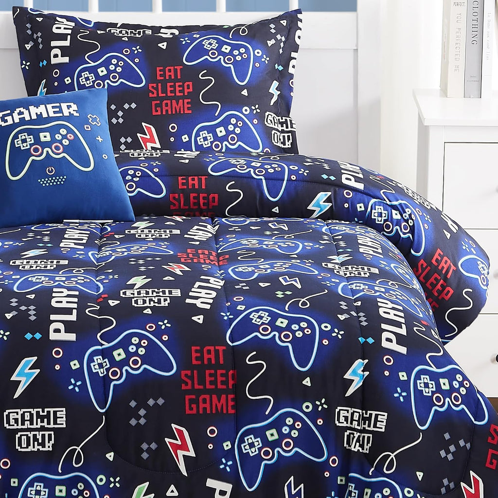 Kids Comforter Set Twin for Boys, Glow in The Dark Gamer Bedding Set 1 Comforter, 1 Decor Pillow, 1 Pillow Sham, Twin