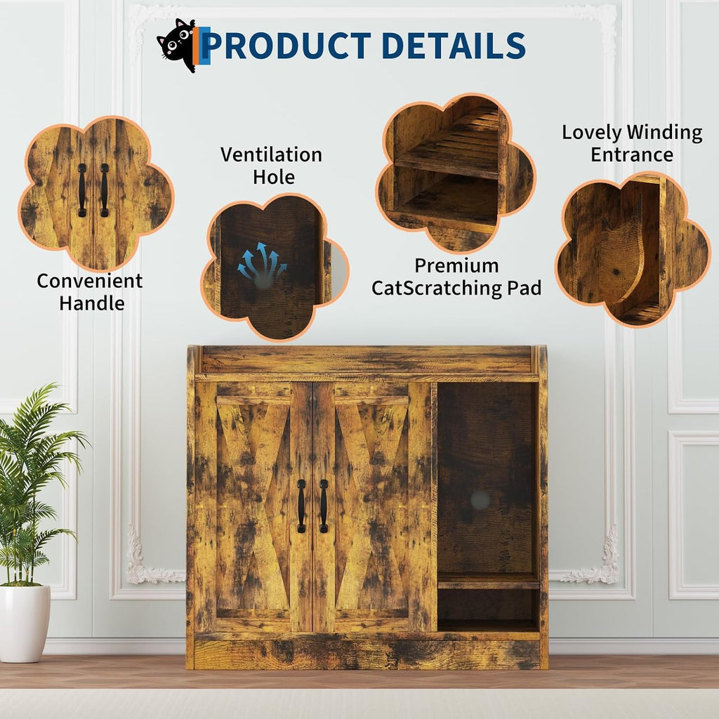 Large Hidden Cat Litter Box Enclosure Cabinet, 2 Ways Usage Wooden Cat House Side Table with Double Doors Vent Hole