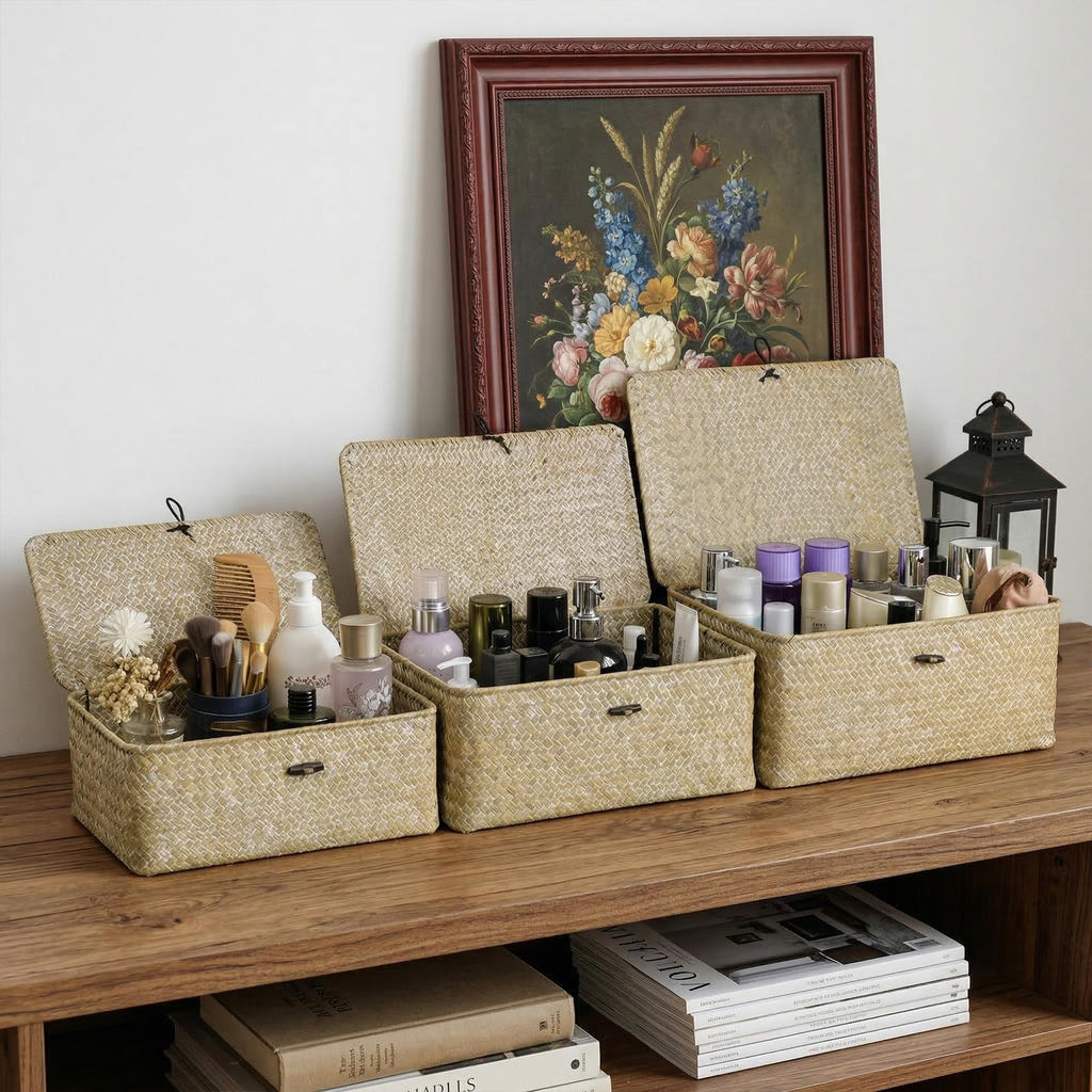 Wicker Storage Basket with Lid, Seagrass Shelf Basket Set of 3, White