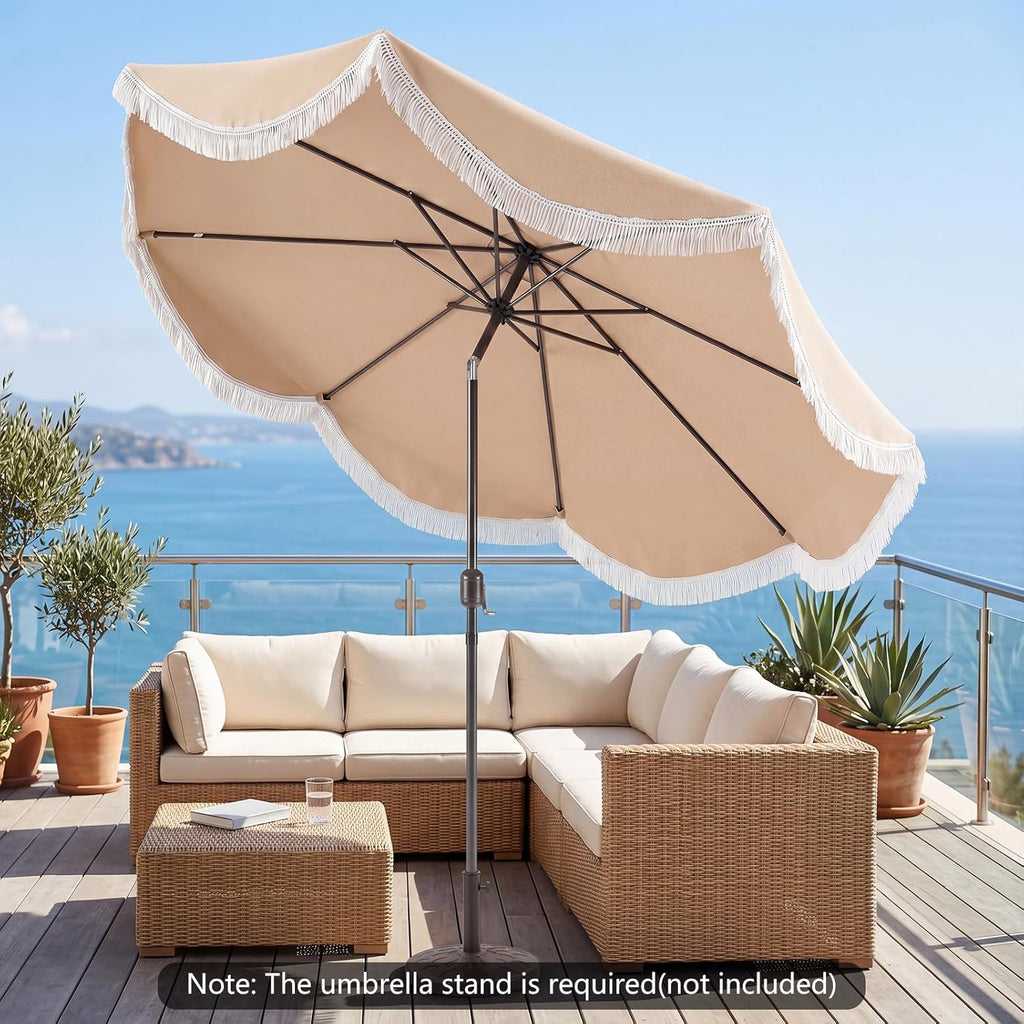 Patio Umbrella with Fringe, Boho Scalloped Canopy & Crank Lift - Beige 10 FT