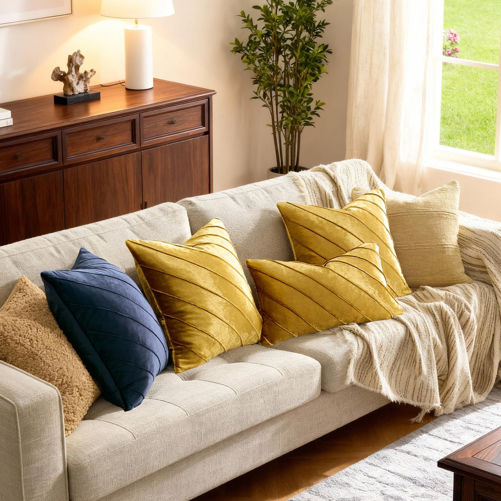 Decorative Gold Velvet Stripe Throw Pillow Covers 20x20 Set of 2