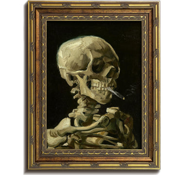 Vintage Halloween Gold Framed Wall Art Decor, Spooky Decor Moody Skull of a Skeleton with Burning Cigarette Canvas