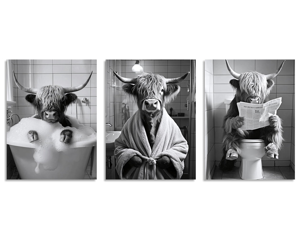 Highland Cow Bathroom Canvas Wall Art Funny Animals Bathroom Pictures Black and White Highland Cow Bathroom Prints