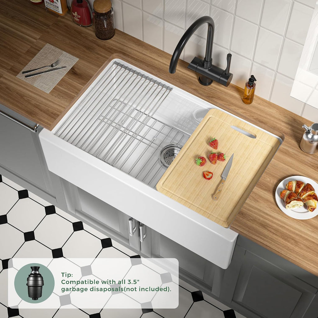 Self Trimming Farmhouse Sink 33 Inch, White Workstation Kitchen Sink | Tall Apron Front 33"x20"x10" Fireclay,Heavy