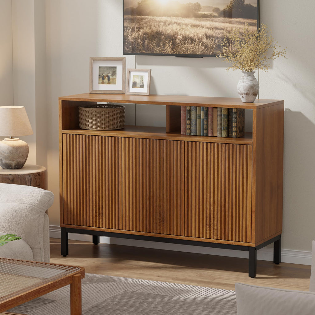 Fluted Sideboard Buffet Cabinet with Open Storage, Modern Large Credenza