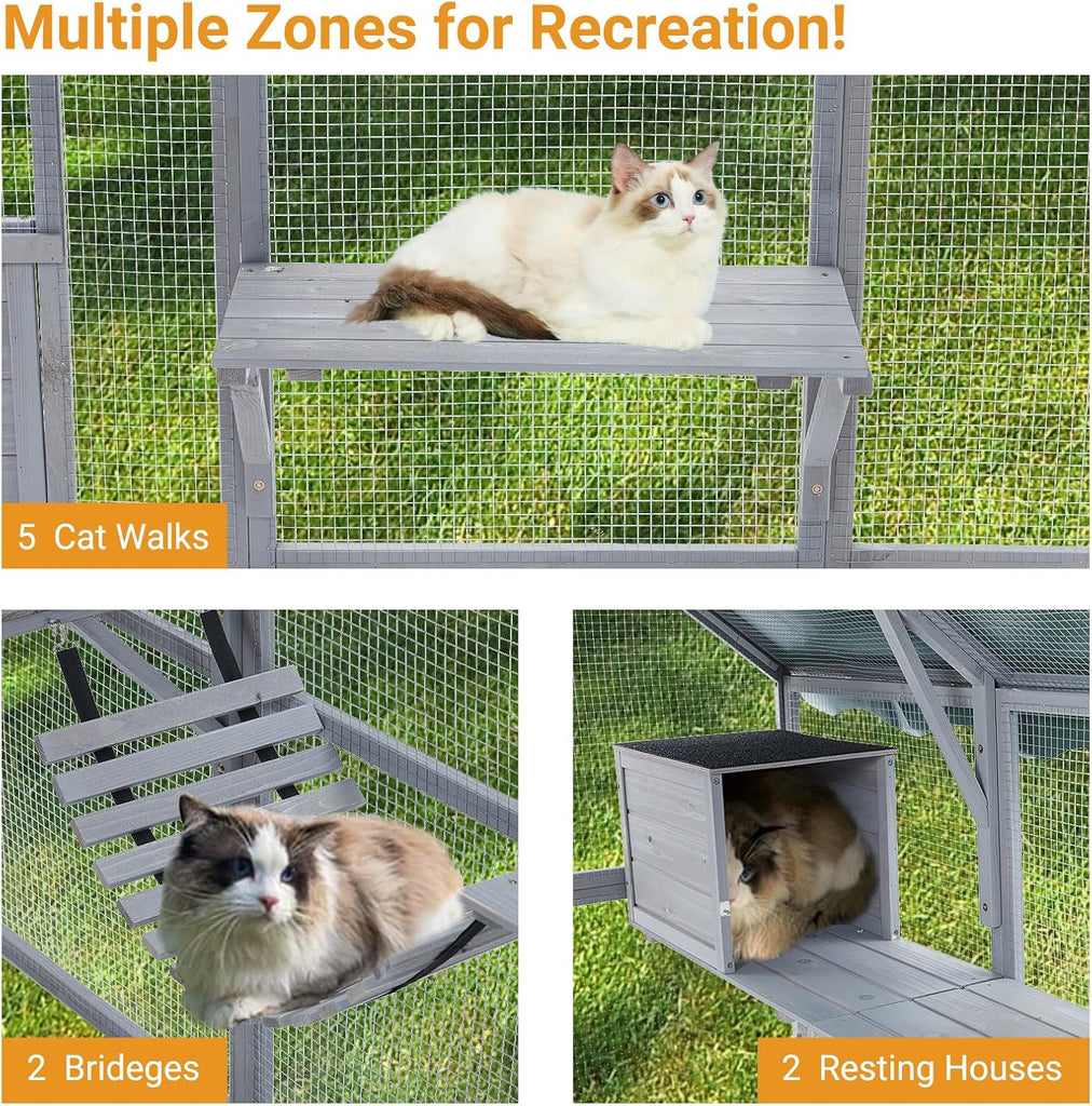 Large Wooden Outdoor Catio Cat Enclosure 110 Inch Weatherproof Walk-in Cat House with Resting Boxes & Bridges