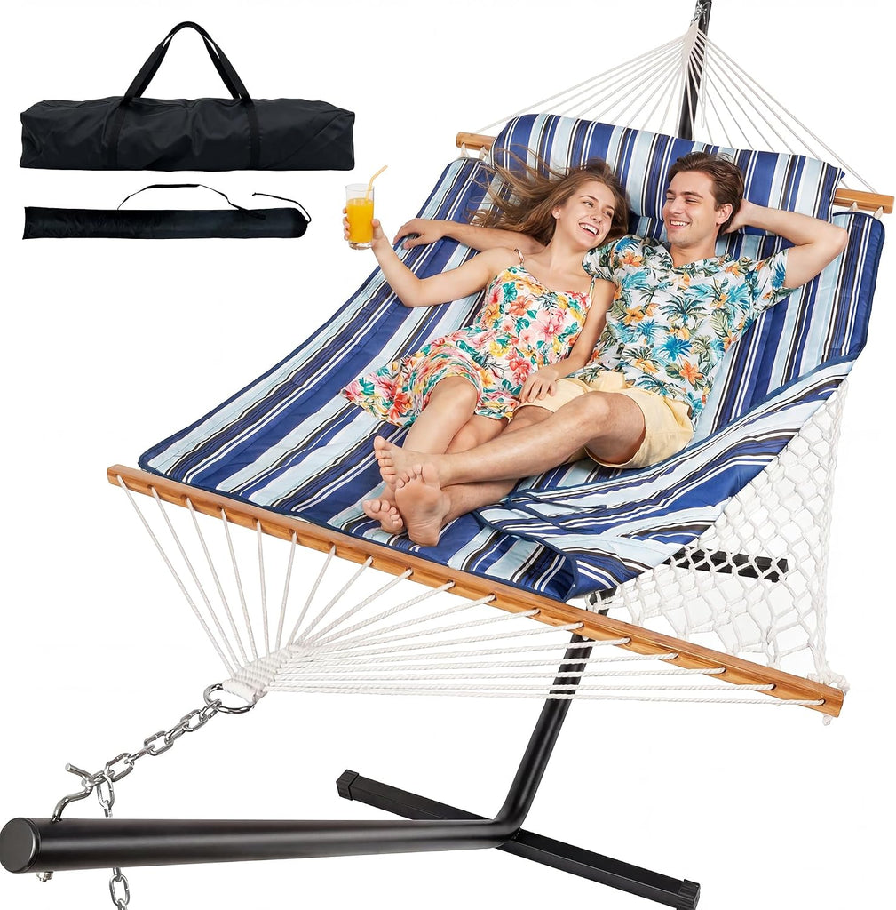 2 Person Hammock with Stand, Heavy Duty Double Cotton Rope Hammock with Removable Quilted Pad & Pillow, 500 LBS