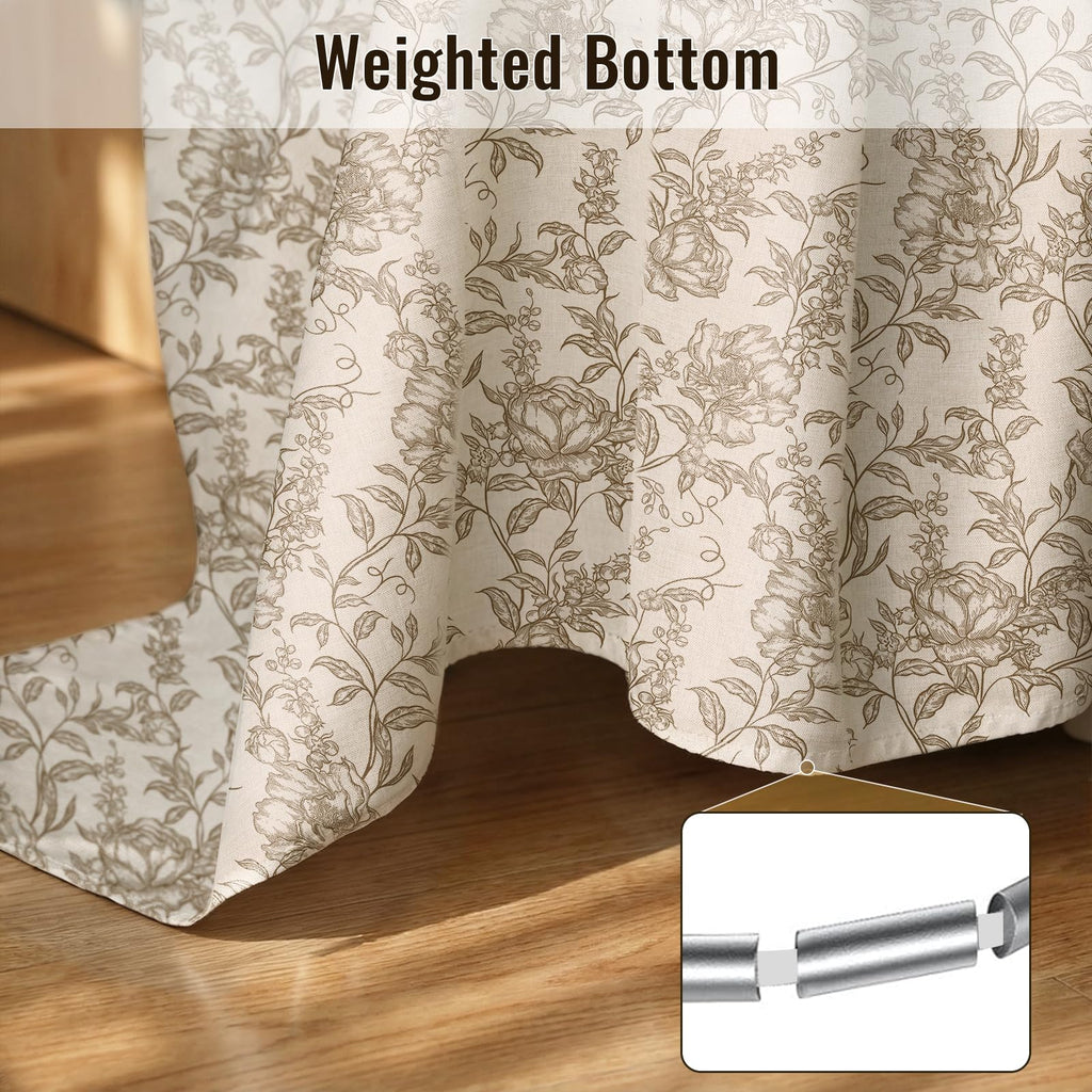 Farmhouse Brown Floral Shower Curtain with 12 Clear Rings 72"W x 84"L