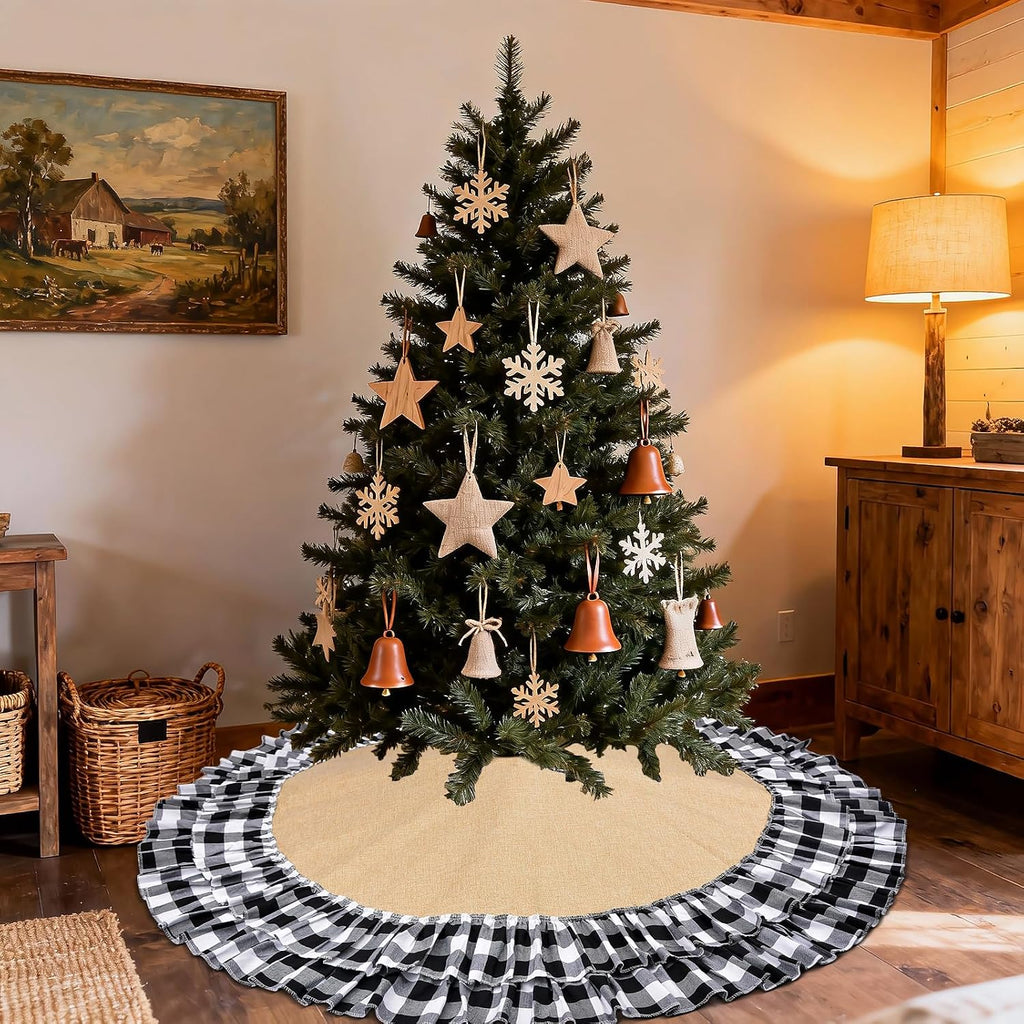 Burlap Halloween Tree Skirt, 48'' Buffalo Plaid Black and White Decorations