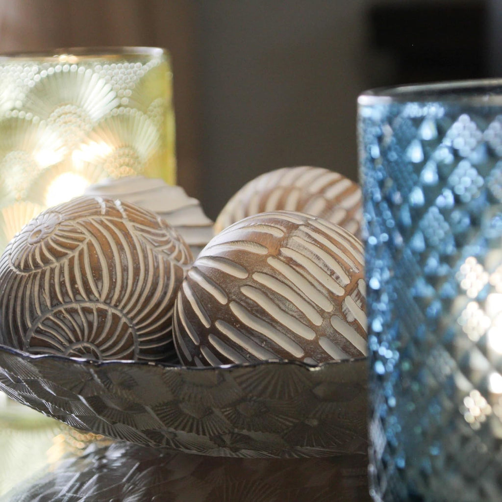 Set of 6 Decorative Orbs, 3 Inch Whitewashed Geometric Resin Spheres | Three Distinct Designs, Hand-Carved Wood Look