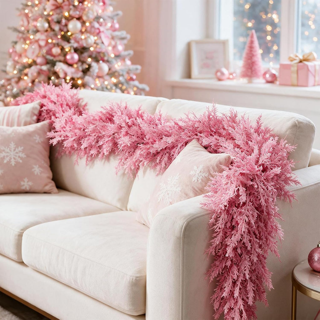 12FT Pink Christmas Cedar Garland, Realistic Artificial Garland, Soft Pastel Xmas Decorations Indoor Outdoor, Faux