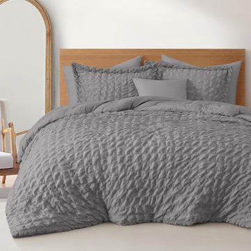 Grey 3 Piece Seersucker Microfiber Comforter Set, Geometric Textured Design, Lightweight Breathable Bedding